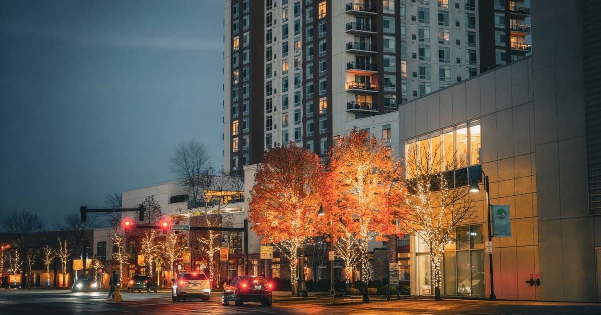 Urban high-rise building with colorful illuminated trees at twilight, enhancing the modern city vibe.